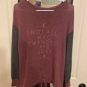 Cotton top, Not All Who Wander are Lost, Heather maroon and black.